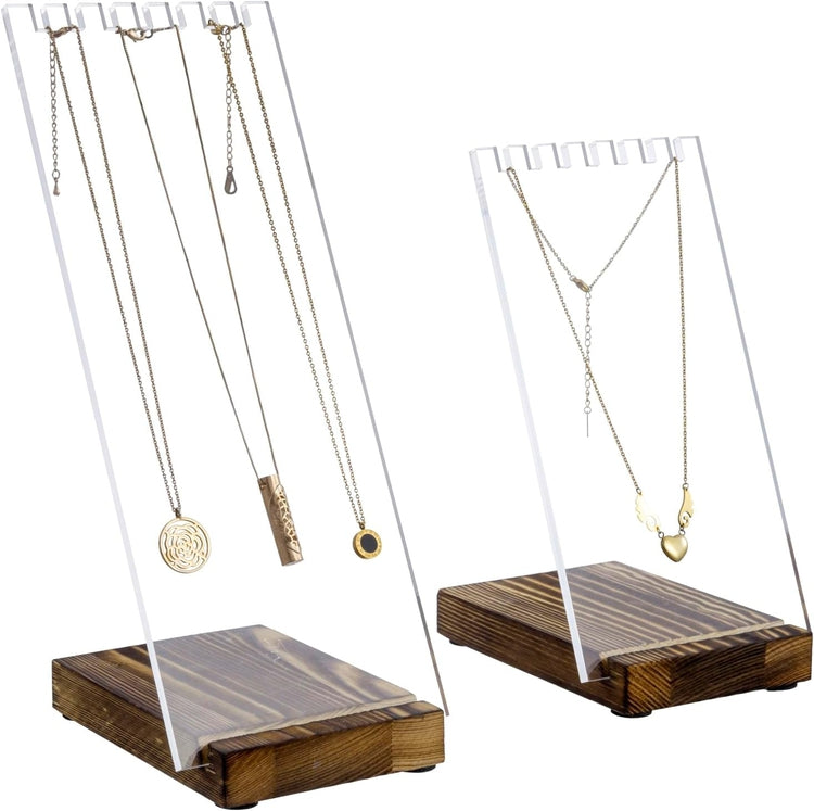 Tabletop Clear Acrylic Necklace Holder with Panel and Wood Base, Jewelry Stand, 2 Piece Set-MyGift