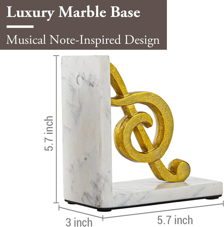 Tabletop Bookends, White Marble L-Shaped Desktop Book Holders with Brass Tone Aluminum Sculpted Musical Notes-MyGift
