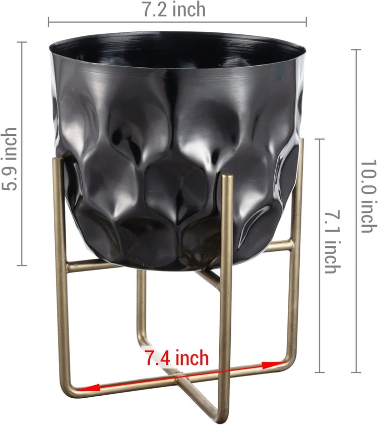 7 Inch Hammered Black Metal Flower Planter Pot with Gold Decorative Riser, Plant Pot with Display Stand-MyGift
