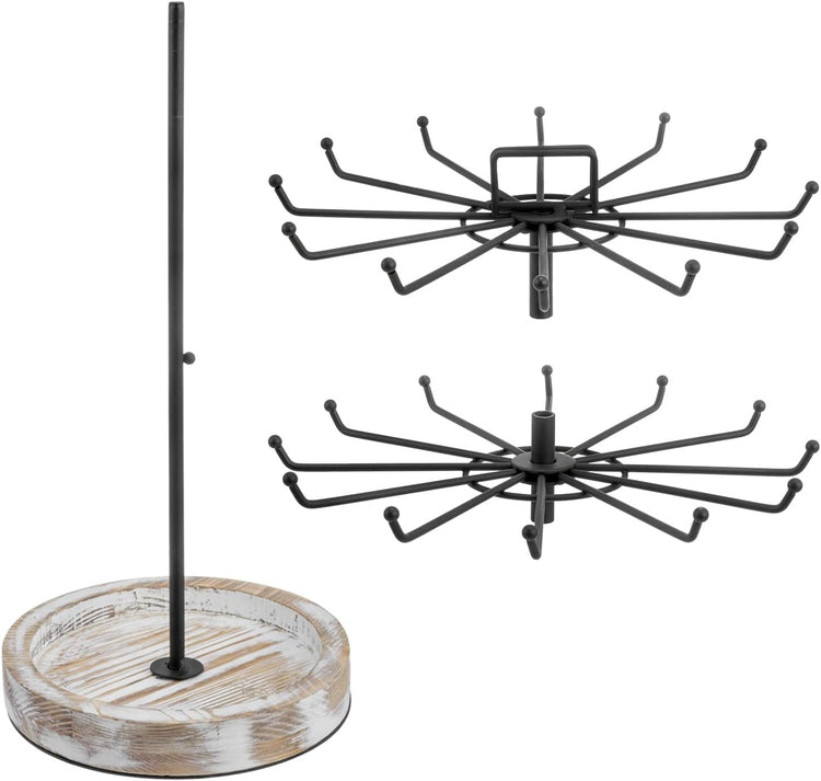 Rotating Tiered Jewelry Tree in Black Metal with Whitewashed Wood Base, Spinning Necklace Tower Display Stand-MyGift