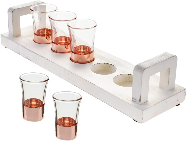 Vintage White Wood Beverage Serving Tray with 5 Copper Tone Bottom Shot Glasses-MyGift