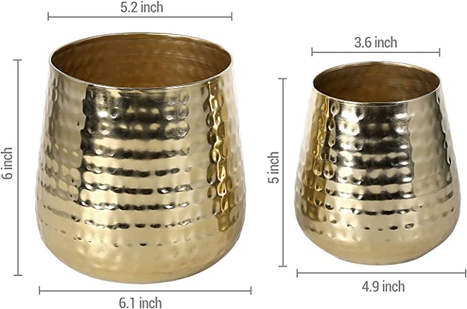 Decorative Indoor Plant Pot with Handcrafted Hammered Design, Brass Metal Succulent Planter, 2 Piece Set-MyGift