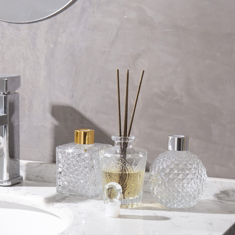 Set of 3, Clear Reed Diffuser Bottle, Decorative Small Glass Bottles with Embossed Texture and Stopper Lids-MyGift