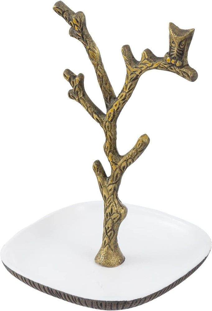 Tree Jewelry Stand, Brass Tone Cast Aluminum Tree Branch and Owl Design Necklace Bracelet Earring Rack with Ring Dish-MyGift