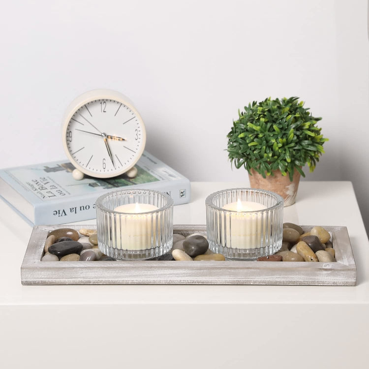 Candlescape Candle Holder Set with Whitewashed Wood Tray, Ribbed Glass Tealight or Votive Holders, and Stone Fillers-MyGift