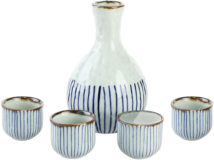 Traditional Japanese Blue Striped Ceramic 5 Piece Sake Set with Serving Carafe and 4 Drinking Cups-MyGift