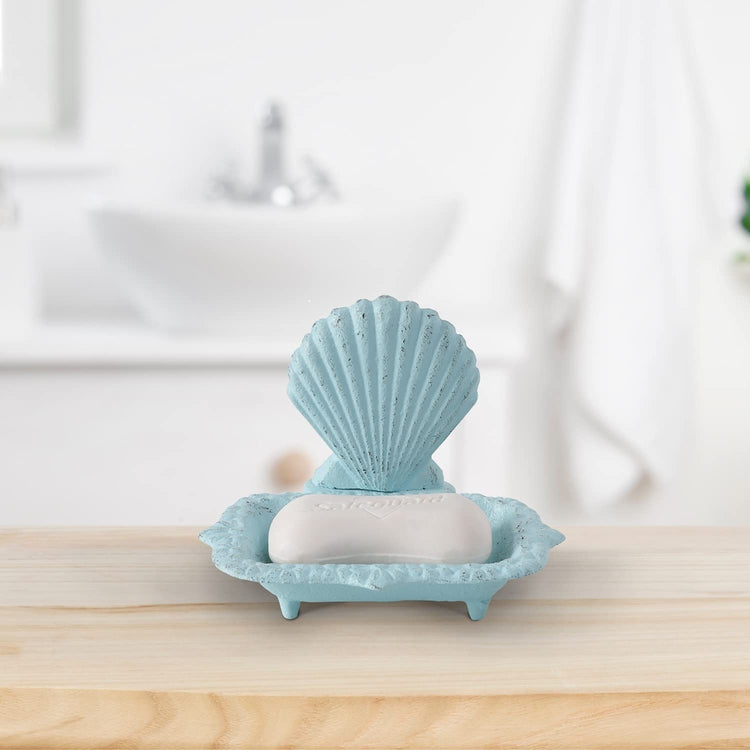 Seashell Design Distressed Aqua Blue Cast Iron Soap Dish-MyGift