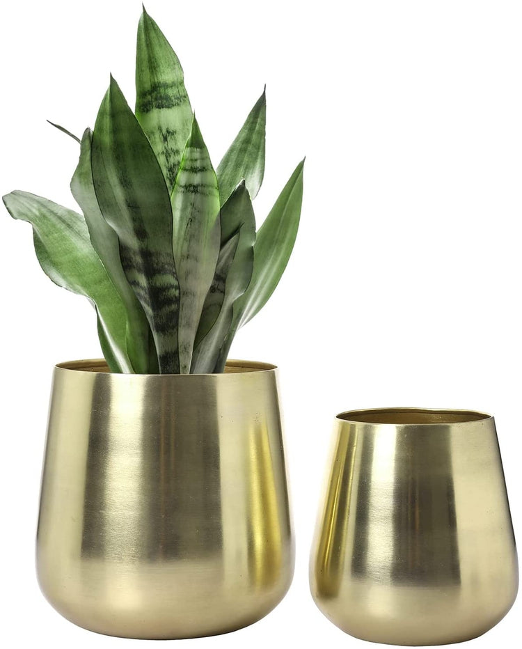 Set of 2, Flower Vase Brass Tone Brushed Metal Tapered Cylindrical Planter, Decorative Indoor Plant Pot-MyGift