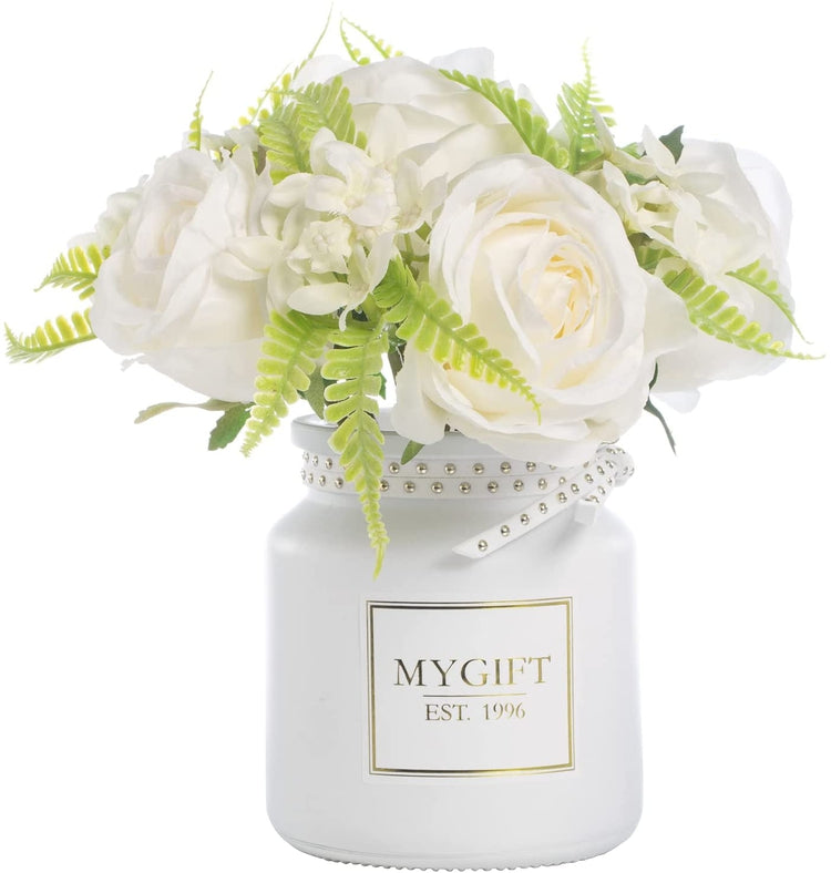 Tabletop Fake Flowers for Decoration, Rose Bouquet, Artificial Floral Arrangement with White Glass Vase with Gold Accent-MyGift