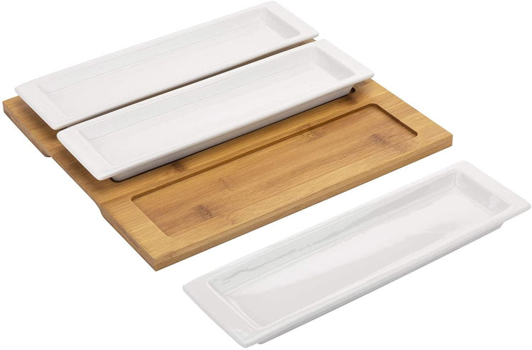 Rectangular White Ceramic Serving Platters on Natural Bamboo Tray-MyGift