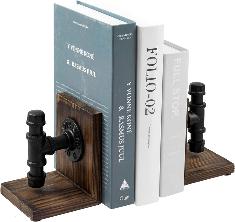 Set of 2, Burnt Wood Decorative Bookends with Industrial Black Metal Pipe Design, L Shaped Bookends-MyGift