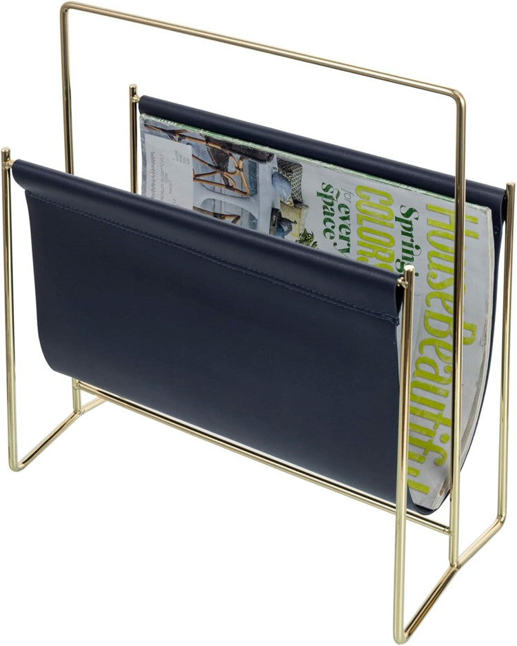 Navy Blue and Brass Metal Standing Magazine Rack, Decorative Holder Stand for Magazines-MyGift