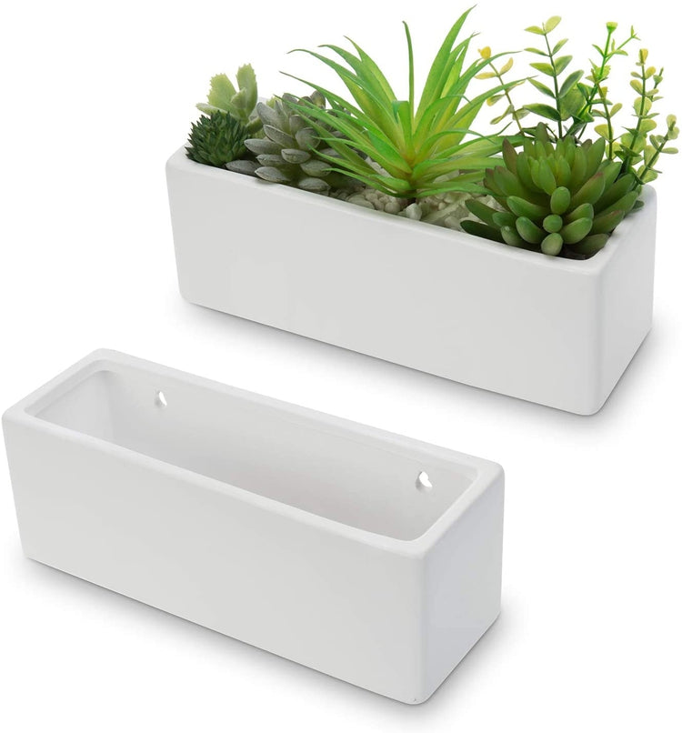 Set of 2, 10 Inch Modern Matte White Rectangular Ceramic Wall Mounted Hanging Planter Boxes-MyGift