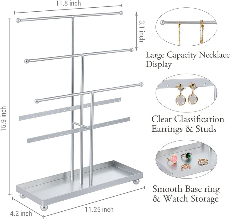 Tiered Silver Metal T Bar Jewelry Organizer Stand with Ring Tray, Necklace Hanger Bars, and Earring Rails-MyGift