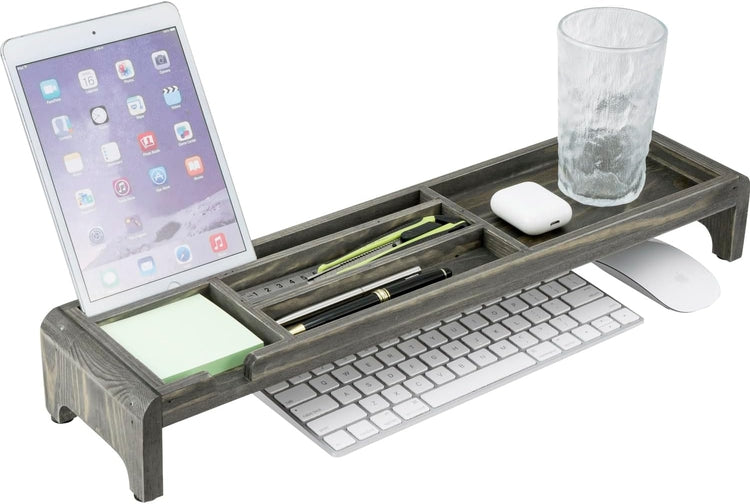 Weathered Gray Wood Over Keyboard Desk Organizer Tray with Phone Tablet Stand, Sticky Note and Pen Holder-MyGift