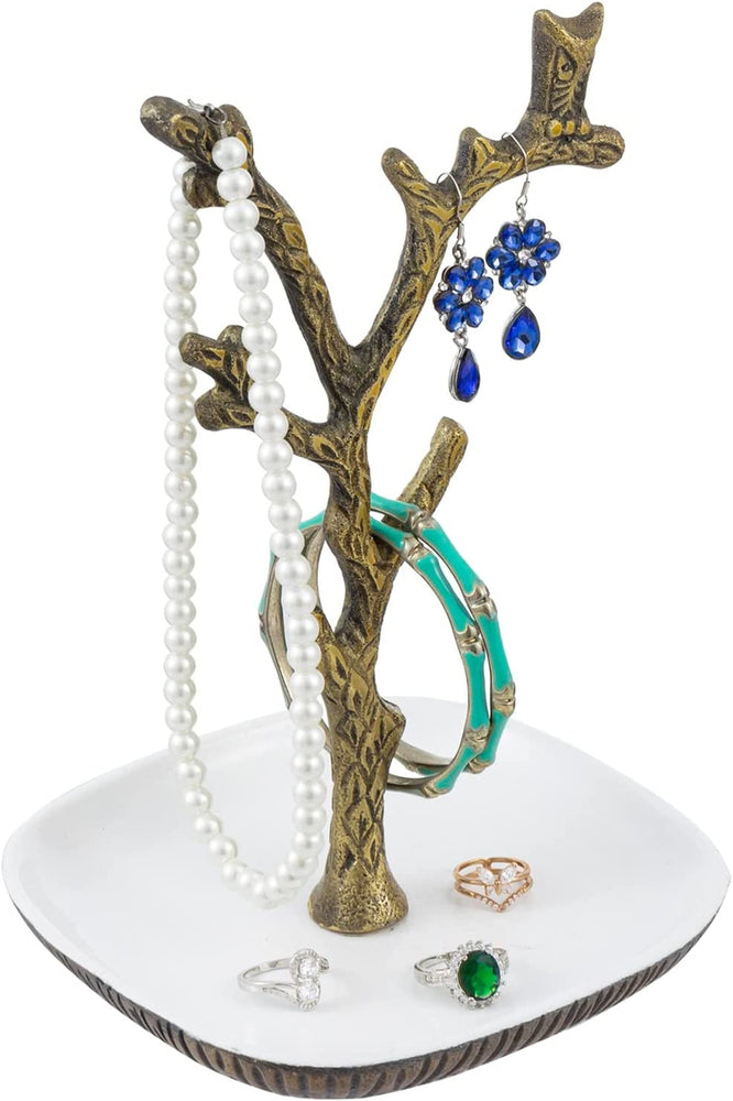 Tree Jewelry Stand, Brass Tone Cast Aluminum Tree Branch and Owl Design Necklace Bracelet Earring Rack with Ring Dish-MyGift