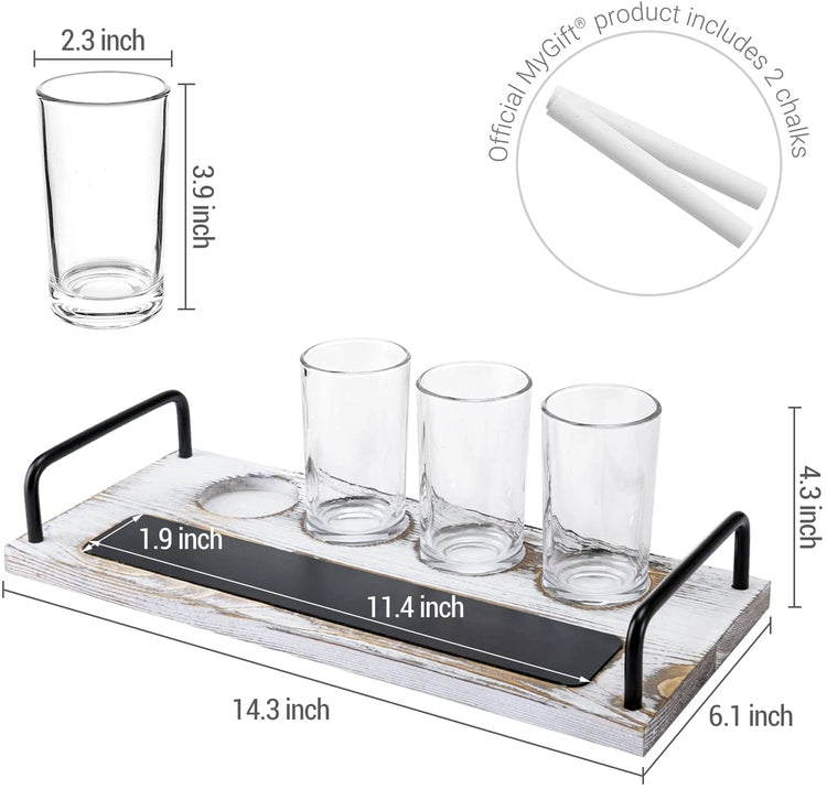 4 Glass Beer Flight Serving Tray with Whitewashed Wood Board and Black Metal Handles, Chalkboard Label, Sampling Glasses-MyGift
