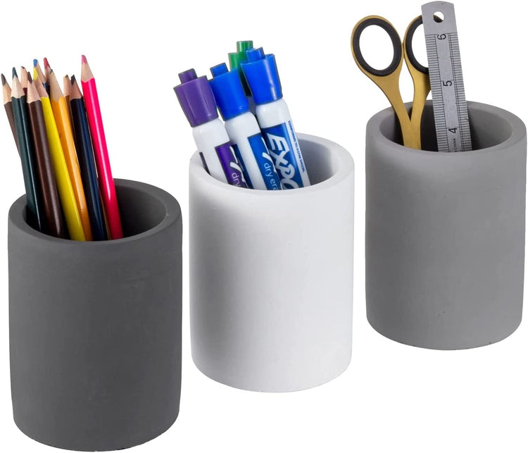 Set of 3, Gray Concrete Cylinders Desktop Pencil Cups, Office Stationery Storage Organizer Holders-MyGift