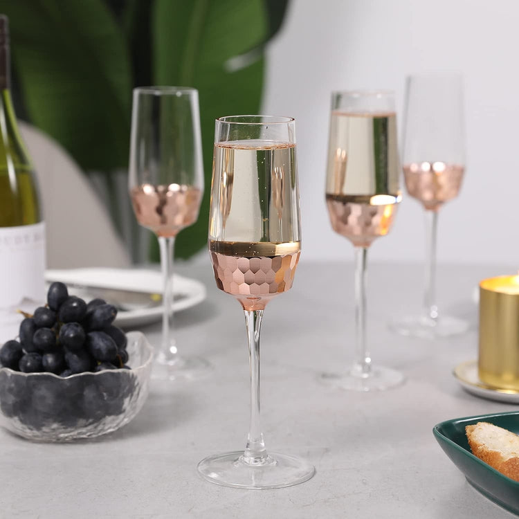 Stemmed Champagne Flute Glasses in Rose Gold-Tone Finish, Set of 6