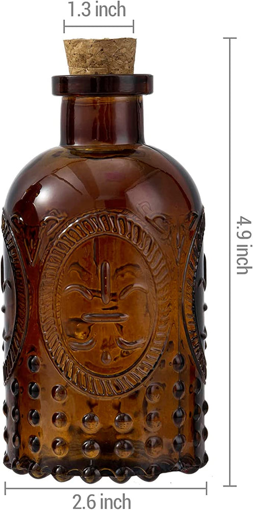 Set of 2 Amber Glass Diffuser Bottles with Cork Lid, Decorative Apothecary Embossed Flower Bud Vase-MyGift