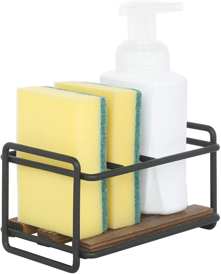 Kitchen Soap and Sponge Holder Sink Caddy, Burnt Wood and Industrial Black Metal Tray Liquid Soap Dispenser Storage Dish-MyGift