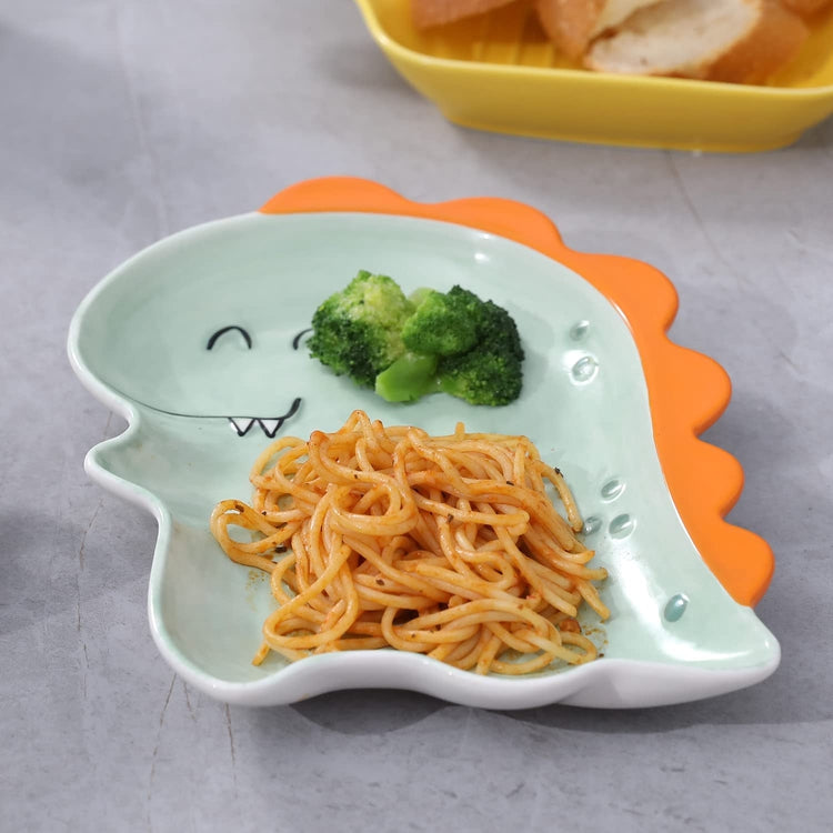 Baby Dinosaur Plate, Cute Turquoise and Orange Ceramic Dino Cartoon Serving Platter Tray-MyGift