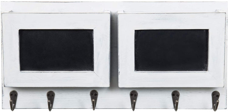 2-Slot White Wood Wall Mounted Mail Holder with 6 Key Hooks & Chalkboard Labels-MyGift