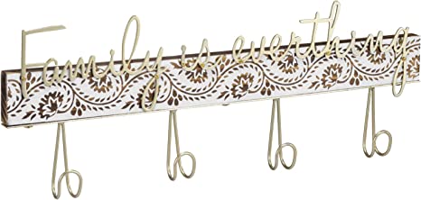 Entryway Hanger Key Rack, Brass Tone Metal and Wood Wall Mounted Key Holder with 4 Hooks-MyGift