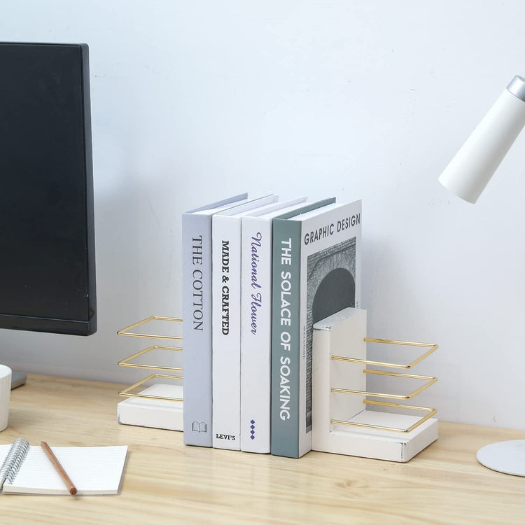 White Wood Decorative Bookends, L-Shaped Book Stands with Gold Tone Metal Wire Pen Holder Stationery Storage Baskets-MyGift