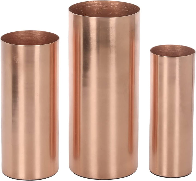 Tall Copper Tone Metal Cylinder Wedding Centerpiece Flower Vases, 3 Piece Set, Larger Assorted Sizes-MyGift