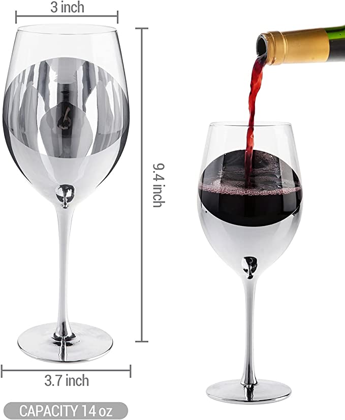 Modern 14 oz Stemmed Wine Glasses with Silver Angled Metallic Accent Design, Set of 6-MyGift