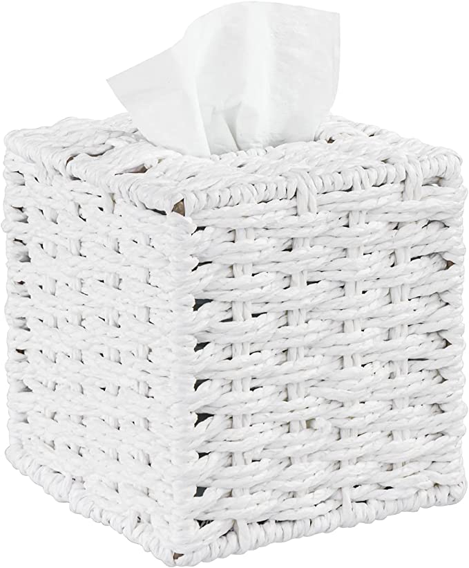 Tissues Holder with Open Bottom Design, Decorative White Square Tissue Box Cover-MyGift