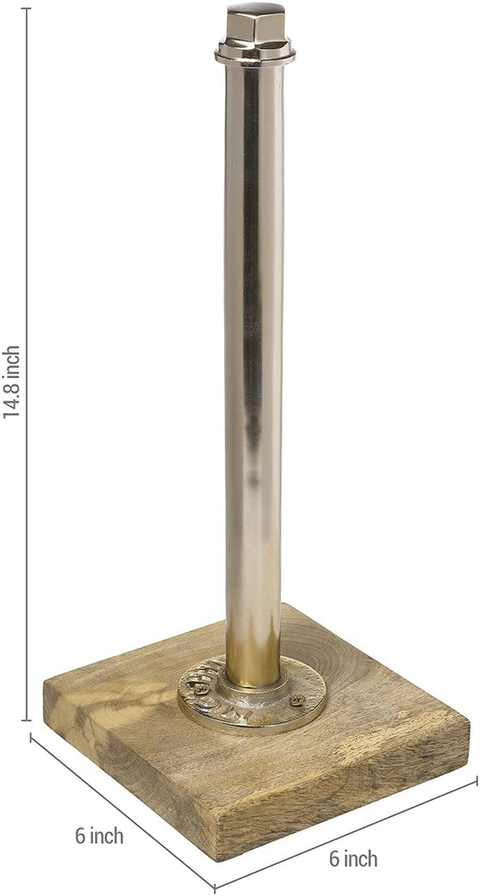 Brass Plated Industrial Pipe Countertop Paper Towel Holder with Mango Wood Base-MyGift