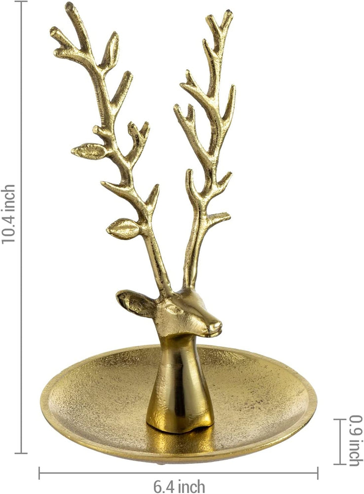 Deer Jewelry Holder Trinket Dish, Brass Tone Metal Reindeer Head Tabletop Ring Tray with Necklace and Bracelet Stand-MyGift