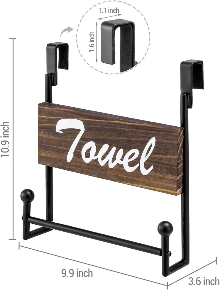 Industrial Matte Black Metal Over Cabinet Door Hand Towel Bar Holder with Burnt Wood Cursive "Towel" Sign-MyGift