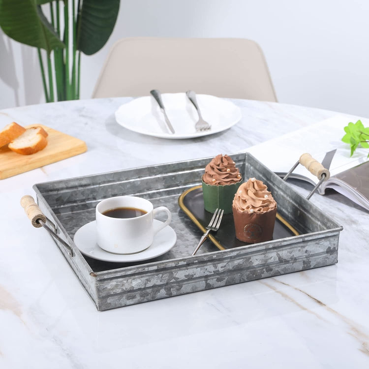 Square Galvanized Metal Decorative Tray with Mango Wood Handles, Farmhouse Serving Tray-MyGift