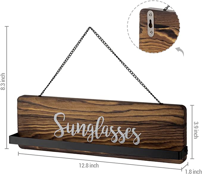 Rustic Burnt Wood Wall Mounted Sunglasses Storage Holder with Cursive Sunglasses Lettering, Set of 2-MyGift