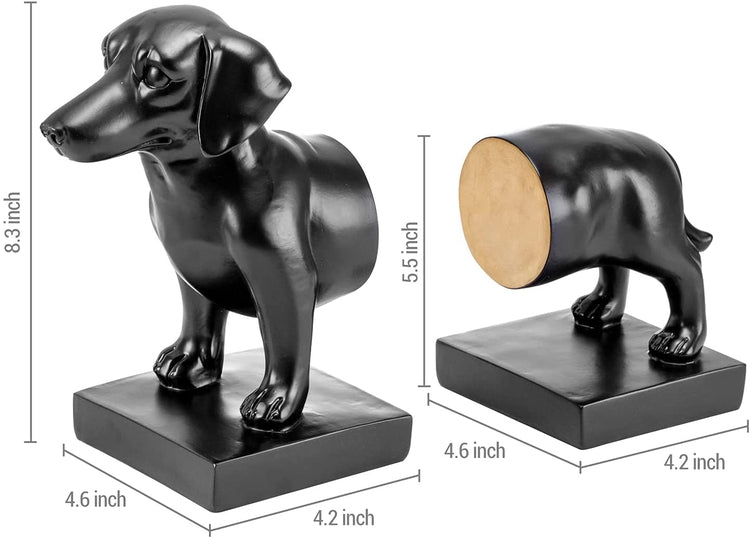 Black Resin Bookends Decorative Dachshund Design, Cute Dog Head and Tail Book Holders, 1 Pair-MyGift