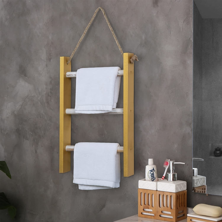 3 Tier Brass Tone and Whitewashed Wood Wall Hanging Hand Towel Storage Ladder with Rustic Rope-MyGift
