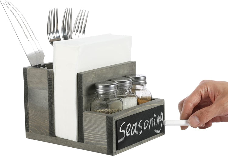 All-in-one Gray Wood Condiment Serving Caddy with Napkin Holder, Dining Utensil Organizer, 3 Salt and Pepper Shakers and Chalkboard Surface-MyGift