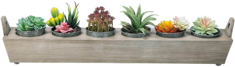 7-Piece Set Weathered Brown Wood Centerpiece Banquet Style Display Box with 6 Galvanized Metal Planter Pots-MyGift