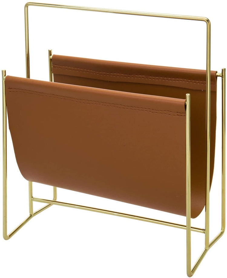 Brass Plated Metal Wire and Caramel Leatherette Sling Rack, Freestanding Magazine Holder-MyGift