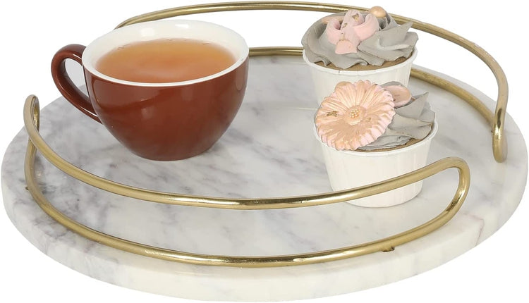 Round White Marble Serving Tray with Brass Metal Handles, Appetizer Dessert Tray, Vanity Jewelry, Makeup, Perfume Tray-MyGift