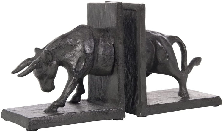 Dark Brown Cast Iron Bookends for Heavy Books, Sculptural Wall Street Raging Bull Design Book Stand, 2 Piece Set-MyGift