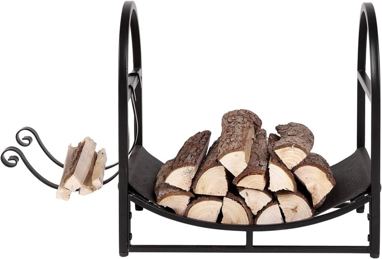 Black Metal Firewood Rack with Dark Brown Leatherette Sling and Removable Extenders, Freestanding Log Kindling Storage-MyGift