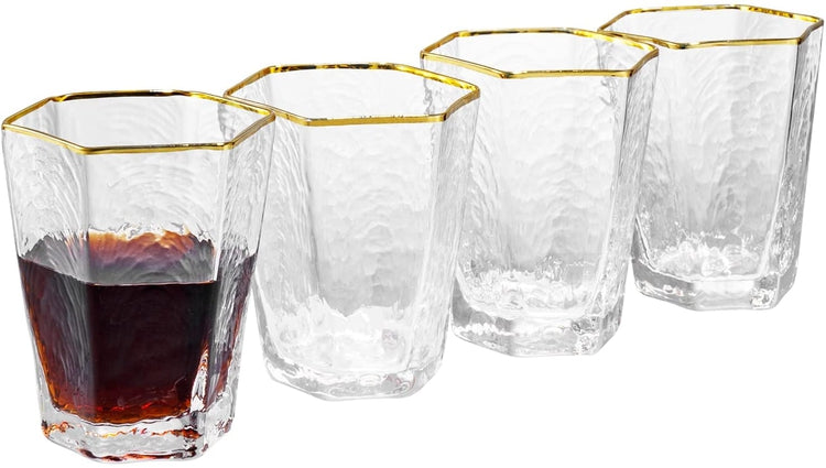Set of 4, Low-Ball Cocktail Glasses, Ripple Pattern Hexagon Gold Rimmed Old-Fashioned Drinkware Glasses-MyGift