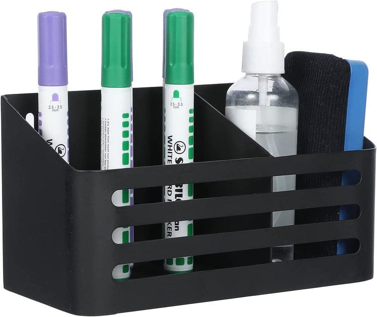 Black Metal Whiteboard Marker Holder with Slatted Front Design, Wall Mounted or Tabletop Supply Storage Bin, Pencil Cup-MyGift