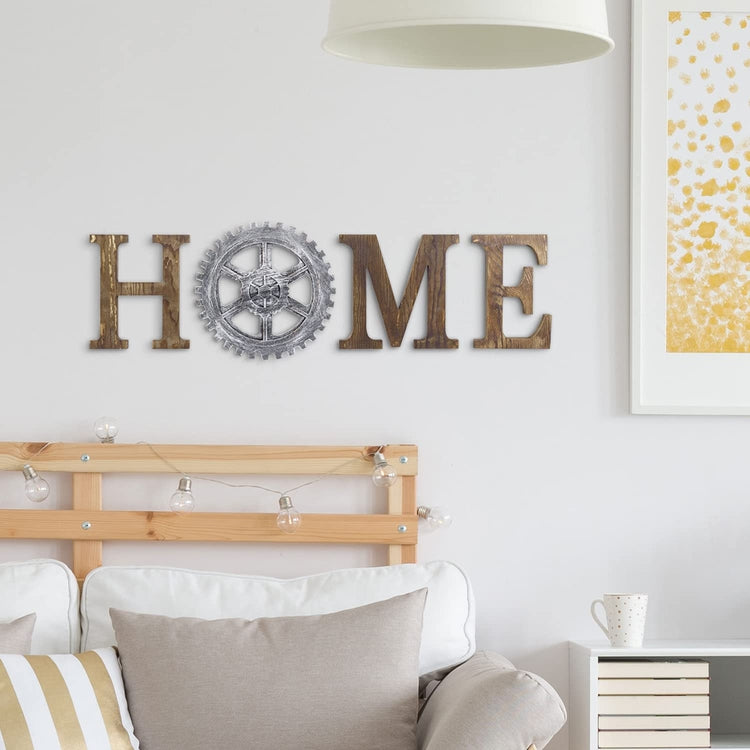 Rustic Burnt Wood Wall Mounted HOME Letter Sign with Industrial Gear Decoration-MyGift