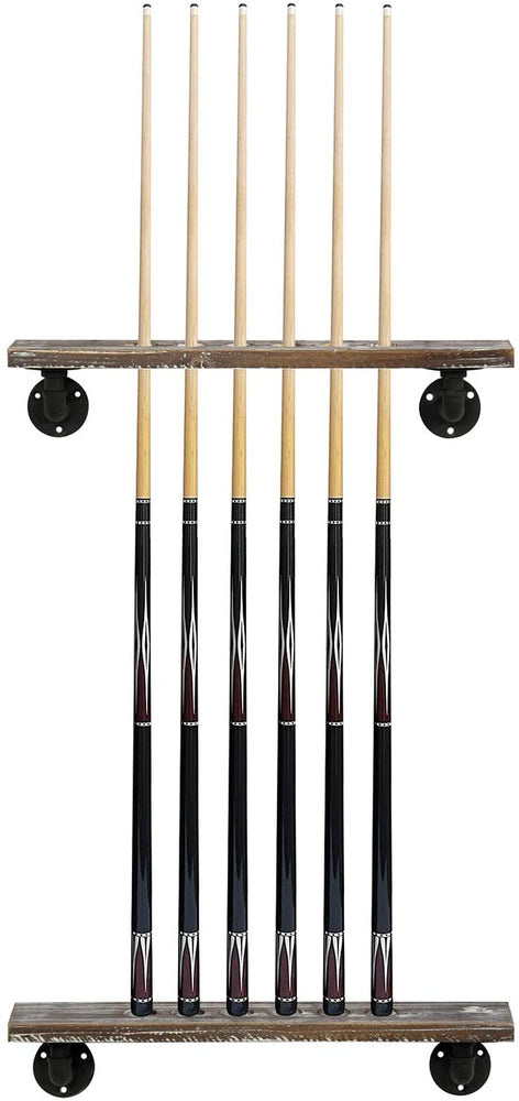 6-Cue Torched Wood & Industrial Metal Pipe Wall Mounted Billiards, Pool Cue Stick Display Rack-MyGift