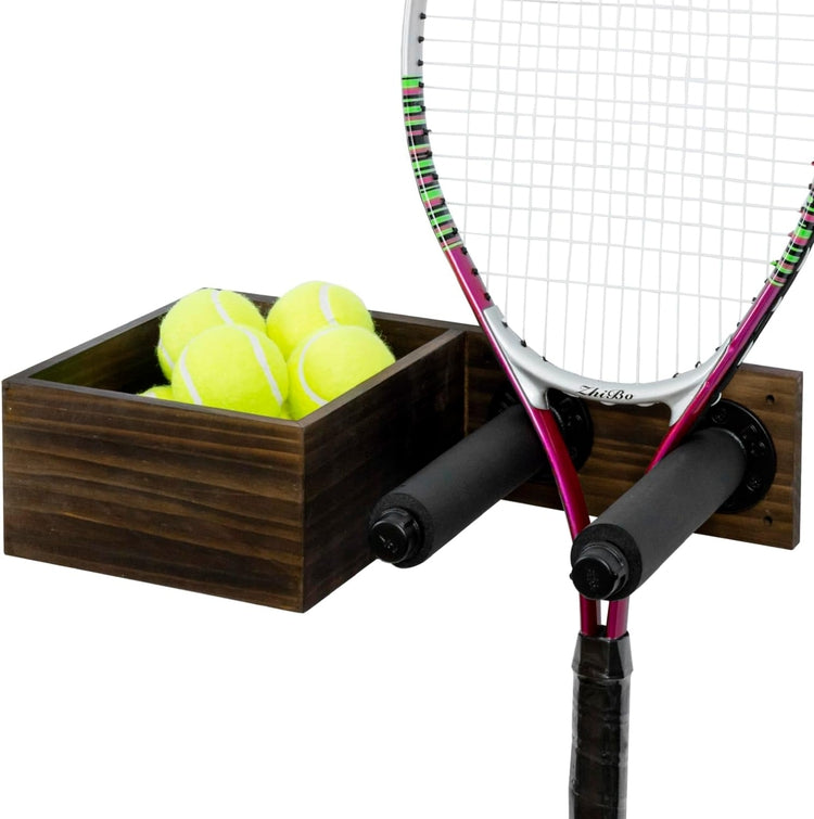 Wall Mounted Tennis Racket and Ball Rack, Burnt Dark Wood and Industrial Black Metal Pipe, Hanging Tennis Ball Basket-MyGift